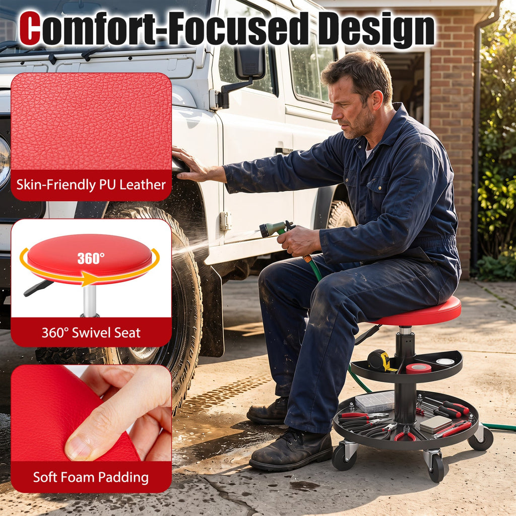 Adjustable Rolling Mechanic Stool with Tool Trays