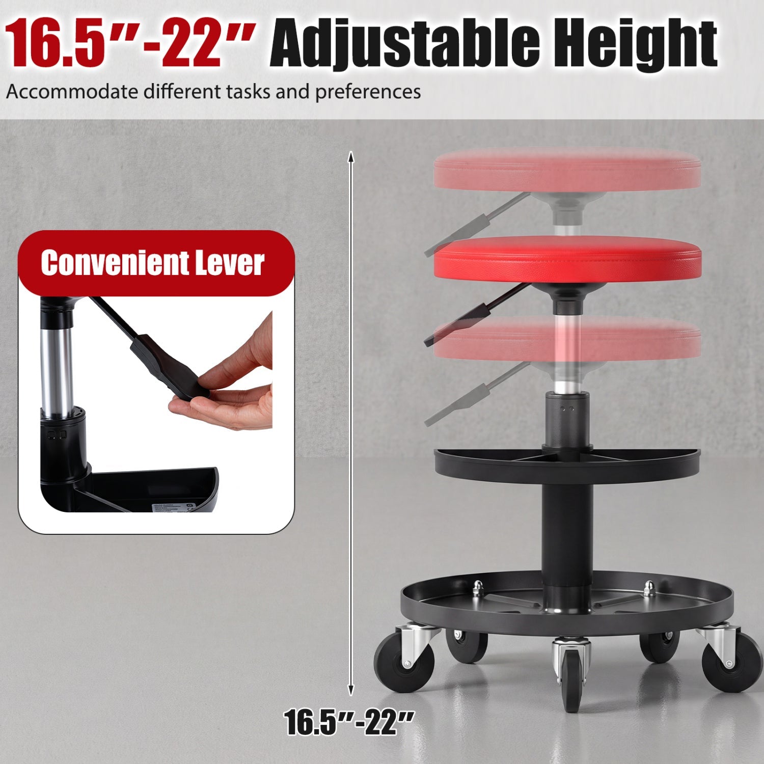 Adjustable Rolling Mechanic Stool with Tool Trays