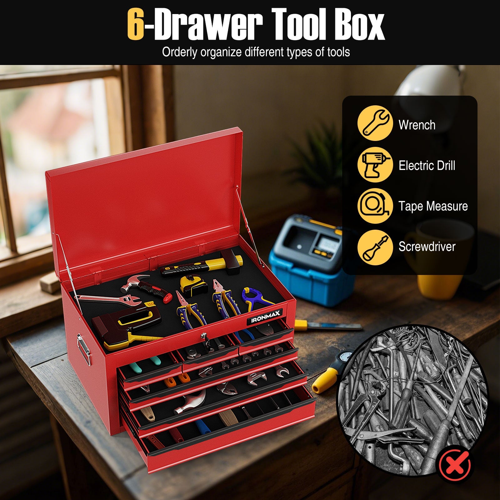 24 Inch Tool Chest Case with 6 Drawers and Top Storage for Garage Repair Shop & Warehouse