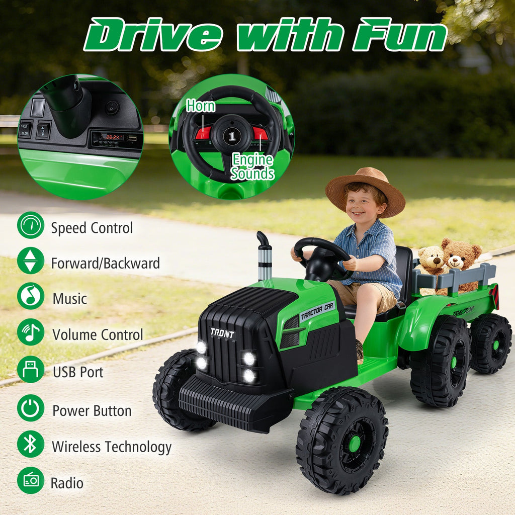 24V Ride On Tractor for Kids Electric Vehicle with Detachable Trailer and Remote Control
