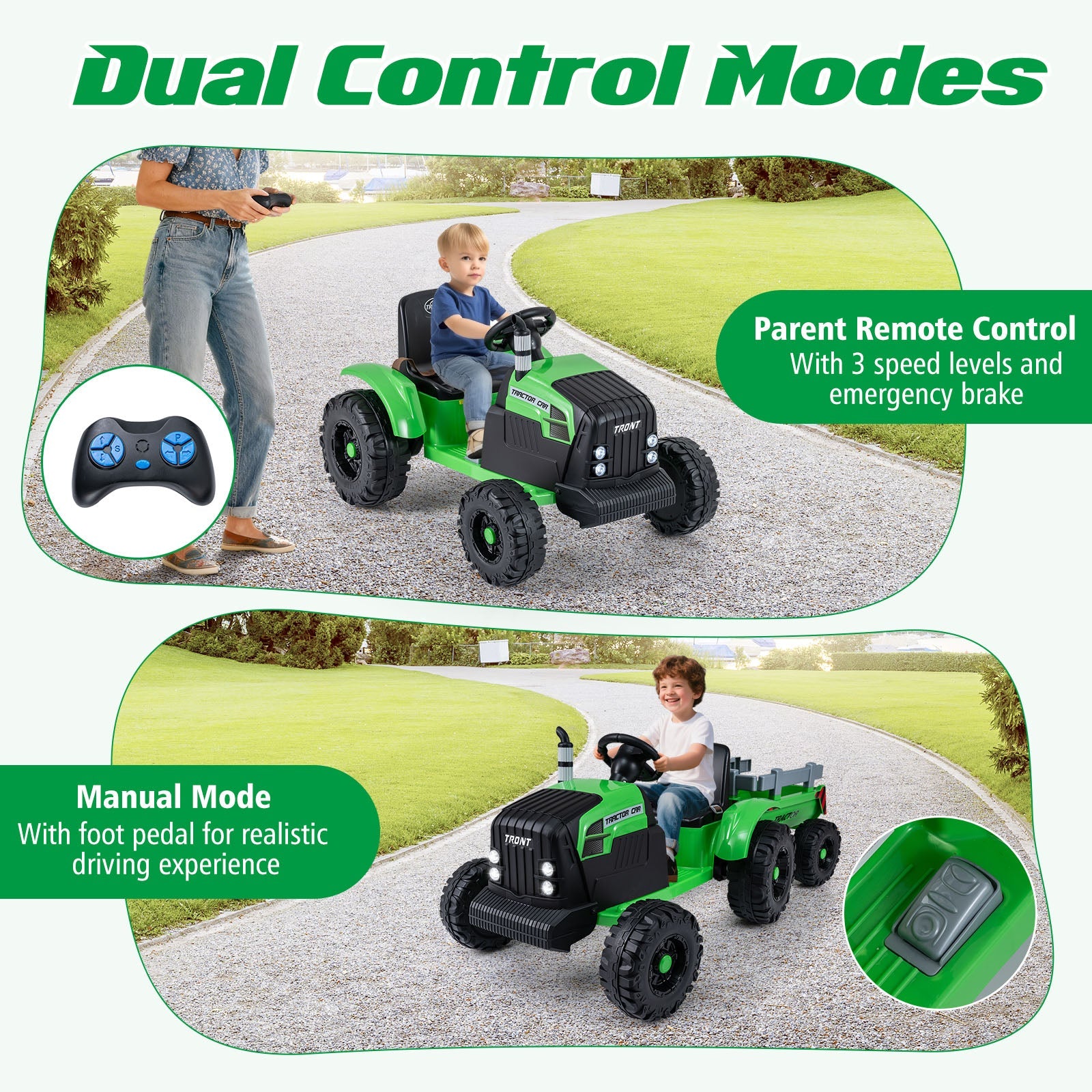 24V Ride On Tractor for Kids Electric Vehicle with Detachable Trailer and Remote Control