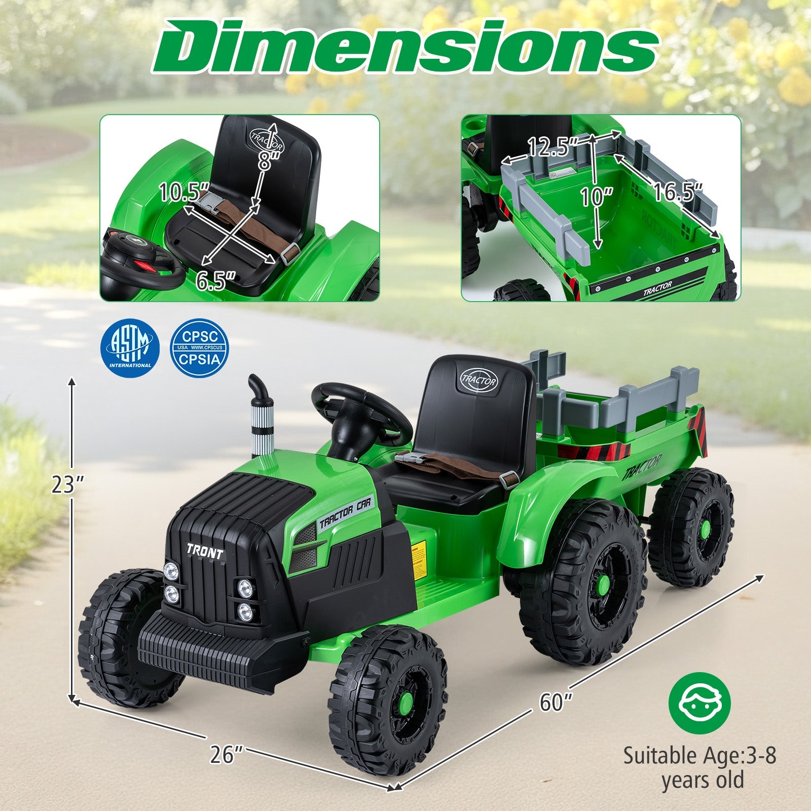 24V Ride On Tractor for Kids Electric Vehicle with Detachable Trailer and Remote Control