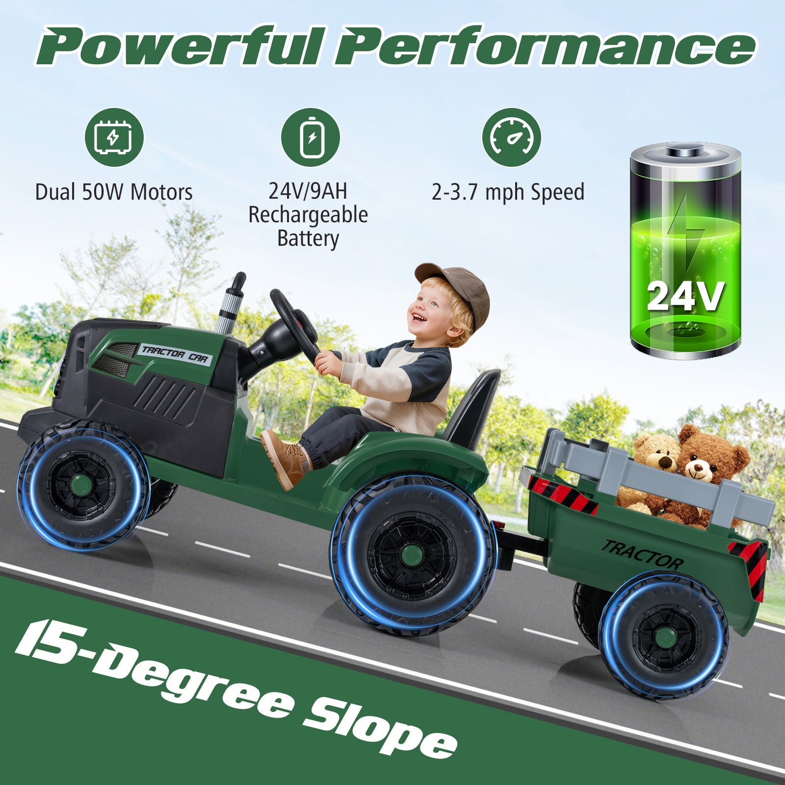 24V Ride On Tractor for Kids Electric Vehicle with Detachable Trailer and Remote Control