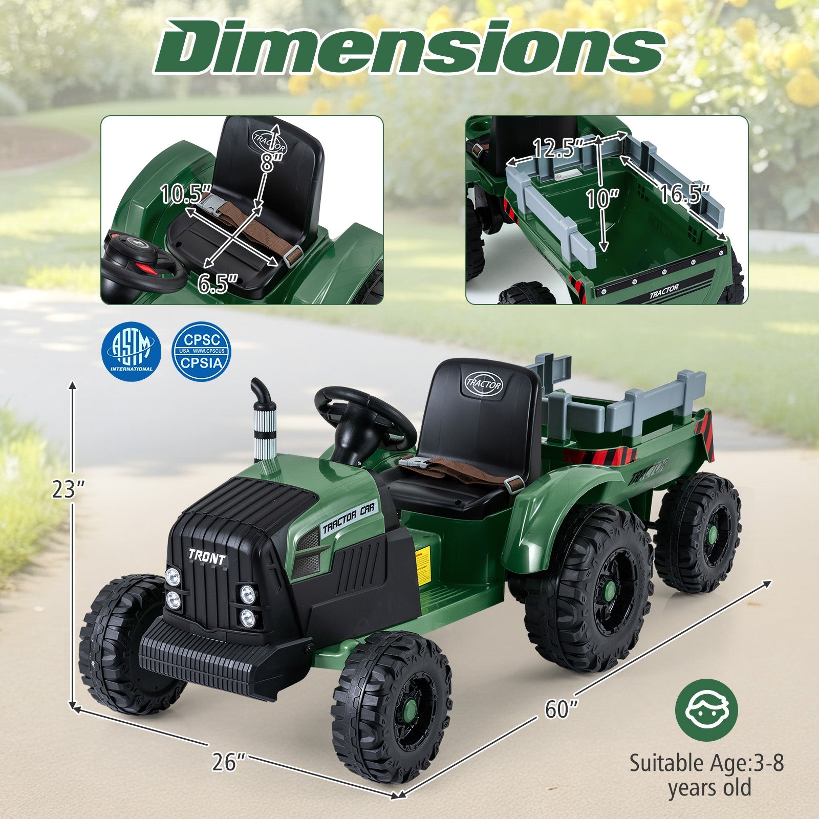 24V Ride On Tractor for Kids Electric Vehicle with Detachable Trailer and Remote Control