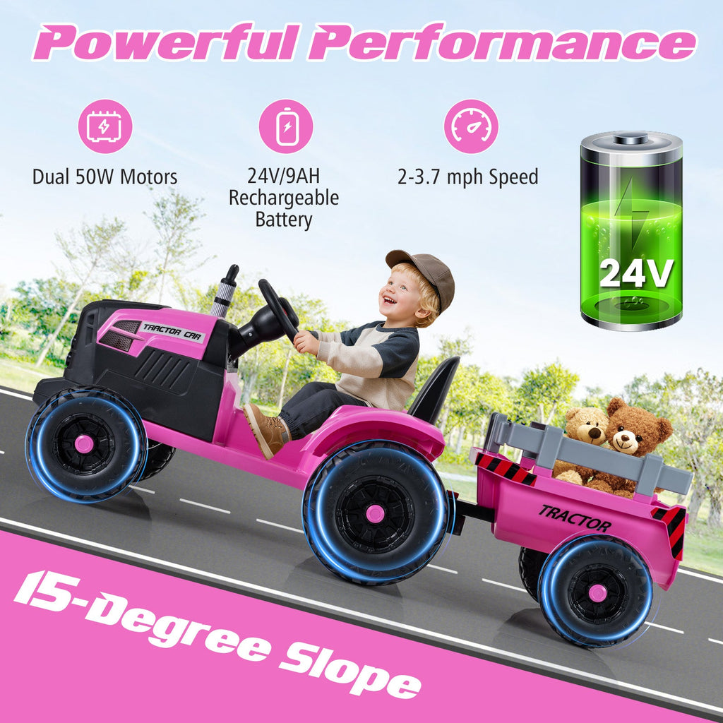 24V Ride On Tractor for Kids Electric Vehicle with Detachable Trailer and Remote Control