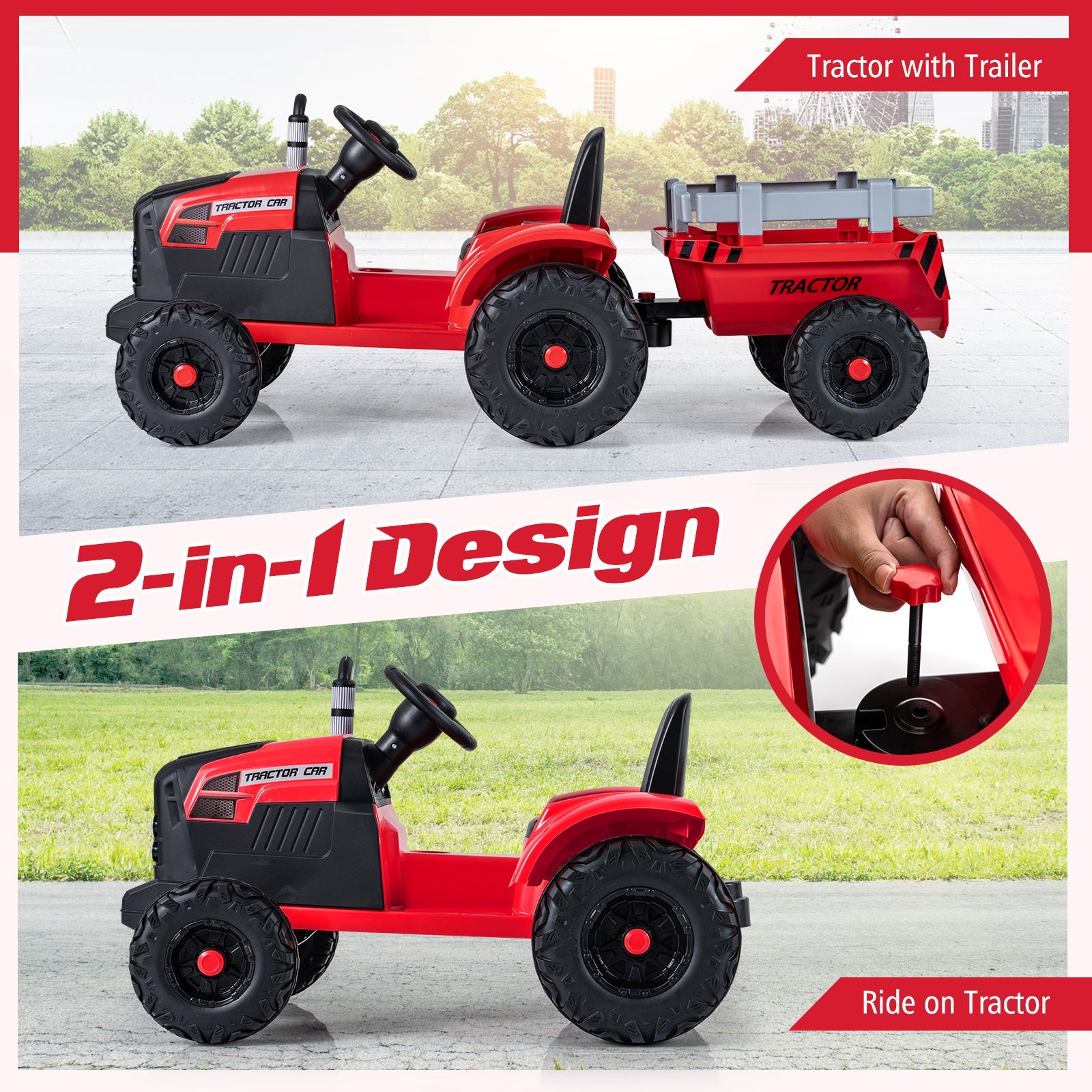 24V Ride On Tractor for Kids Electric Vehicle with Detachable Trailer and Remote Control