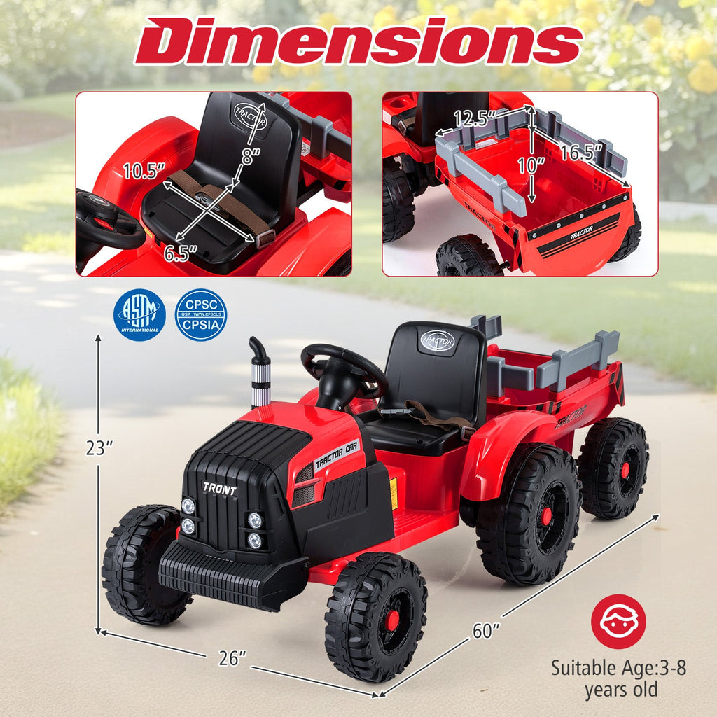 24V Ride On Tractor for Kids Electric Vehicle with Detachable Trailer and Remote Control