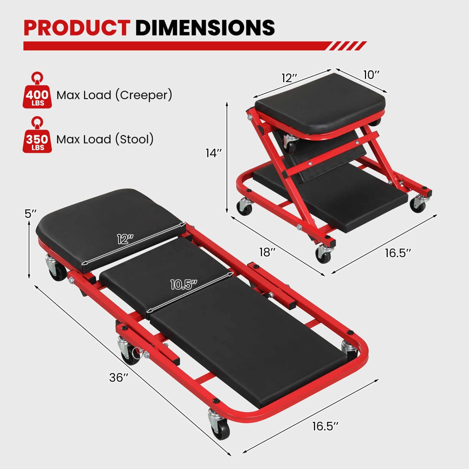2-in-1 Z-Shaped Rolling Garage Stool 36" Folding Flat Automotive Creeper-Red