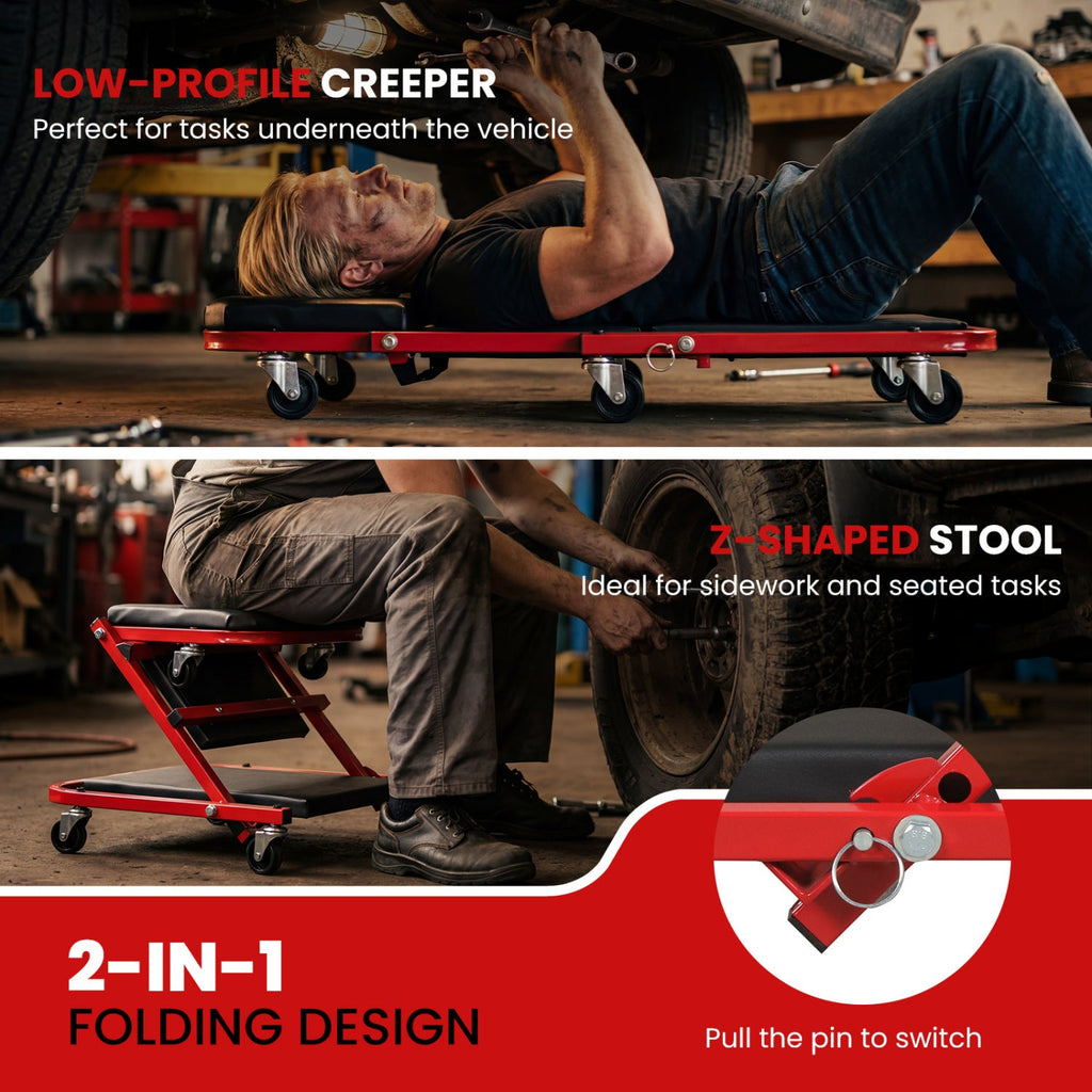2-in-1 Z-Shaped Rolling Garage Stool 36" Folding Flat Automotive Creeper-Red