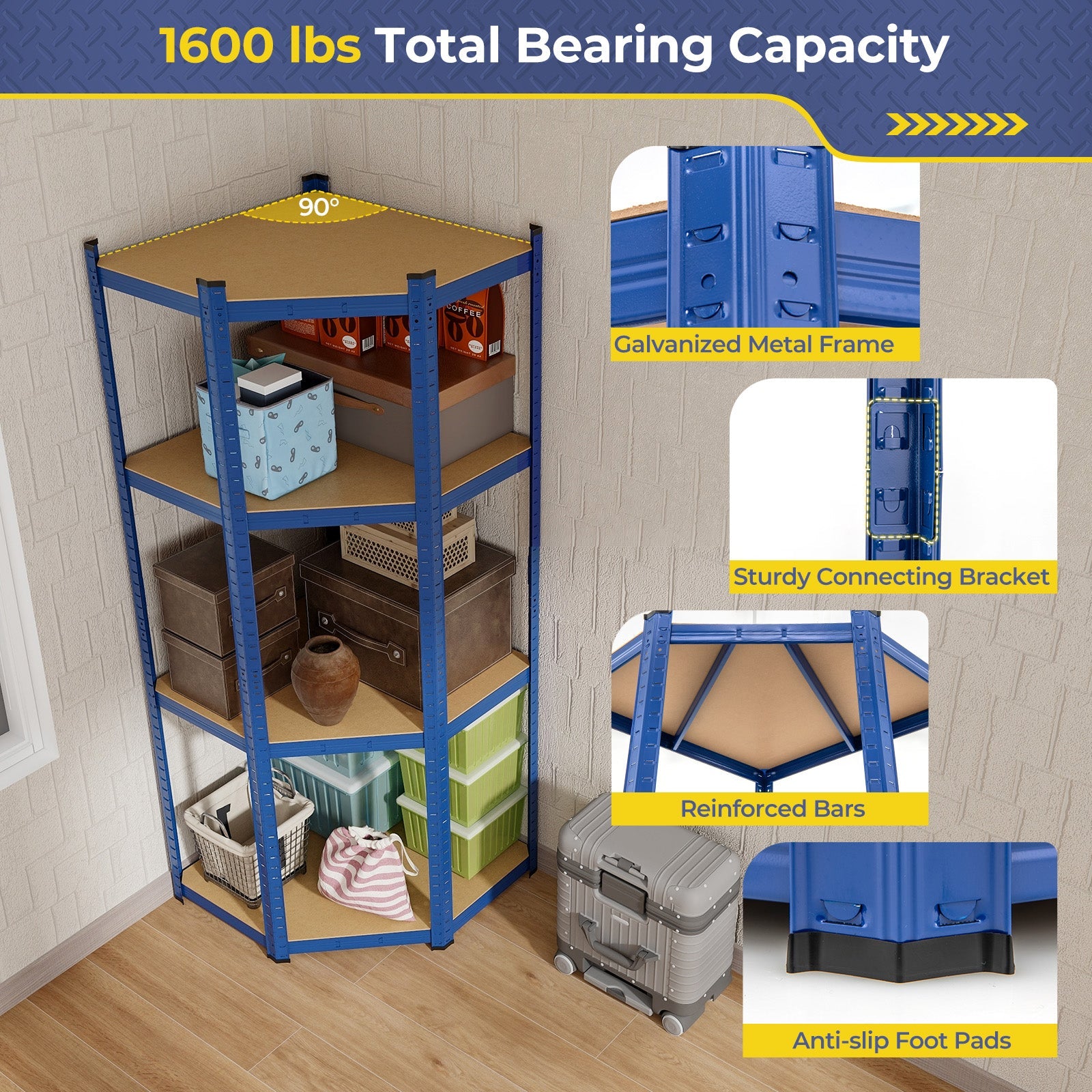 4-Tier Corner Shelving Unit Adjustable Garage Storage Utility Rack for Warehouse