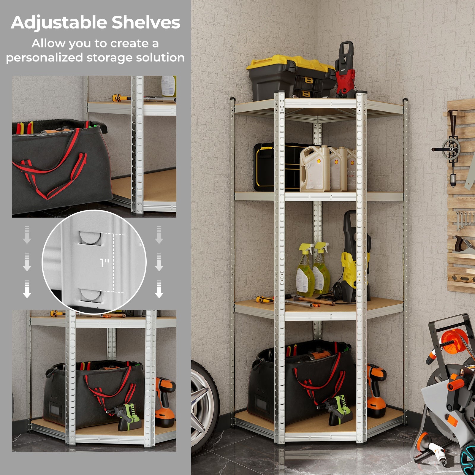 4-Tier Corner Shelving Unit Adjustable Garage Storage Utility Rack for Warehouse