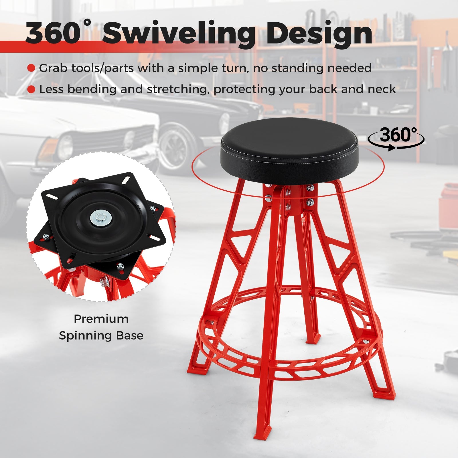 Heavy-Duty Aluminum Garage Bar Chair with 360¬∞ Swiveling Seat-Red