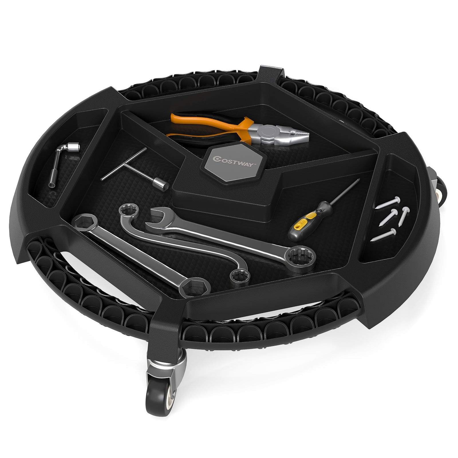 Mobile Automotive Tool Creeper with 3 Swivel Casters and 4 Compartments-Black