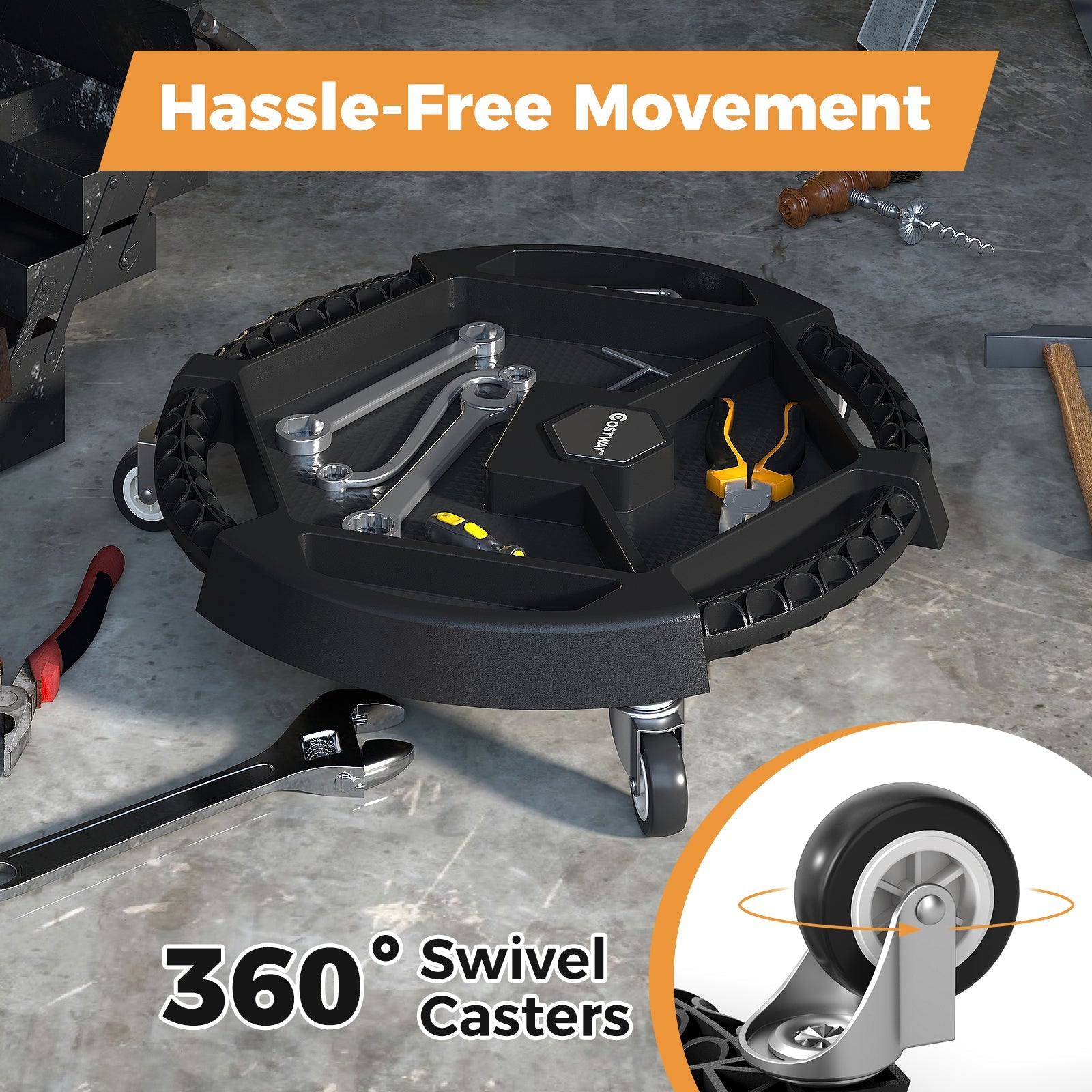 Mobile Automotive Tool Creeper with 3 Swivel Casters and 4 Compartments-Black