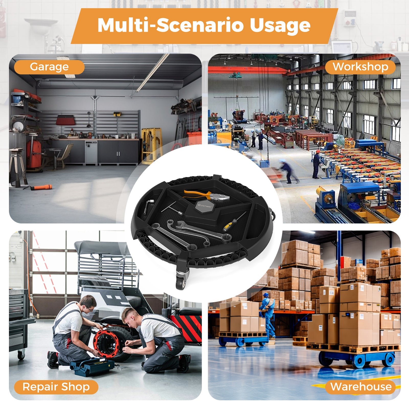 Mobile Automotive Tool Creeper with 3 Swivel Casters and 4 Compartments-Black