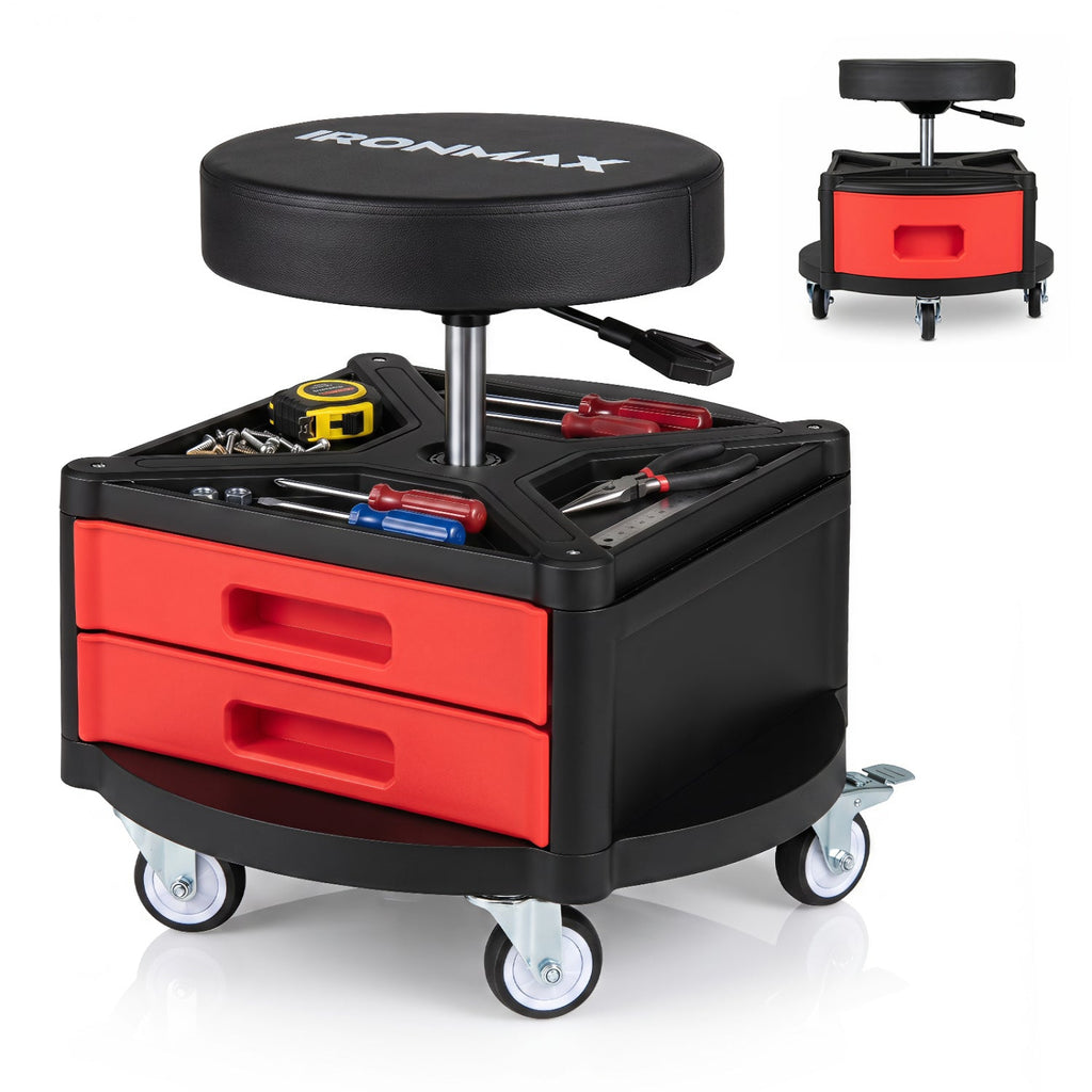 Rolling Mechanic Stool with Cushioned Seat & Tool Trays 330 LBS