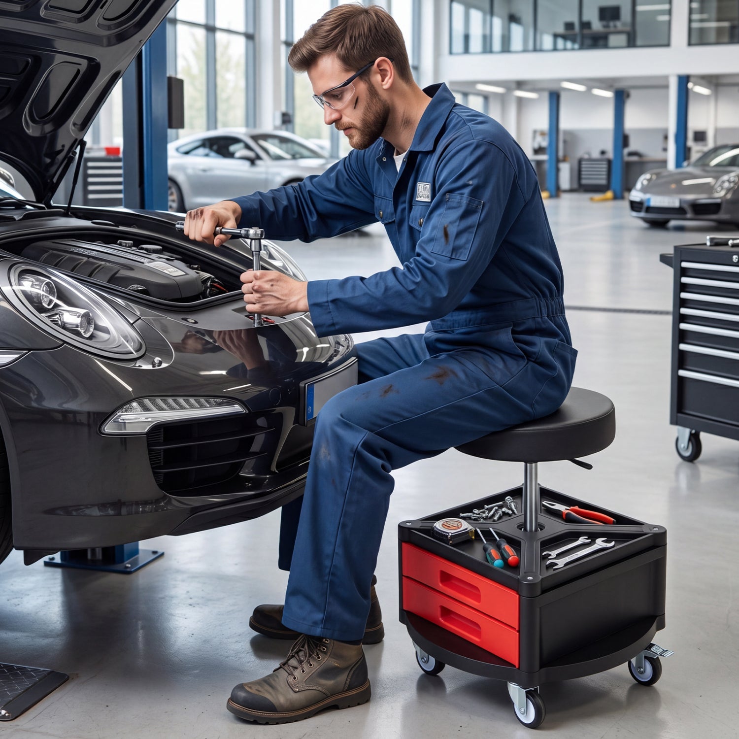 Rolling Mechanic Stool with Cushioned Seat & Tool Trays 330 LBS