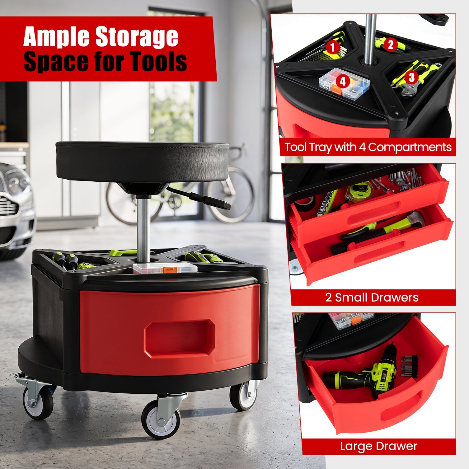 Rolling Mechanic Stool with Cushioned Seat & Tool Trays 330 LBS