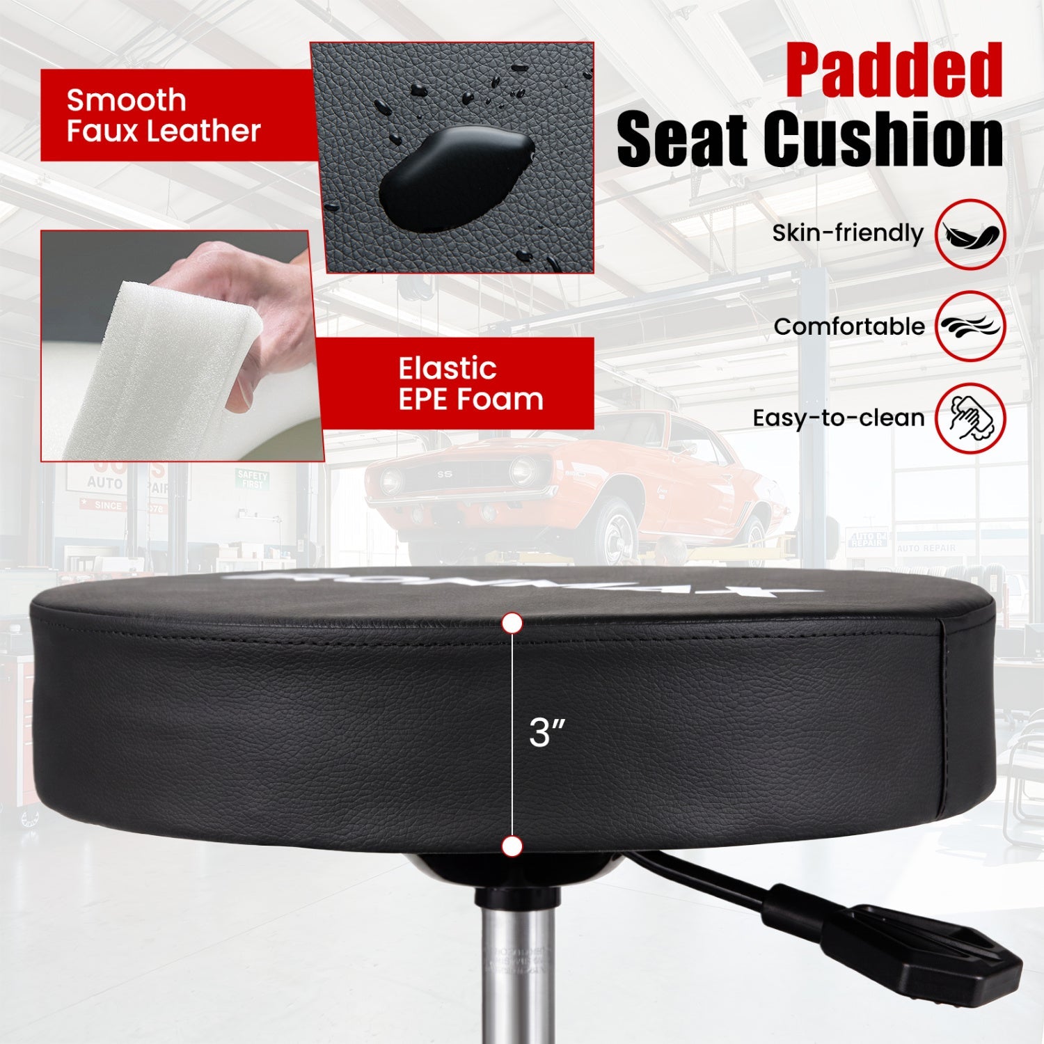 Rolling Mechanic Stool with Cushioned Seat & Tool Trays 330 LBS