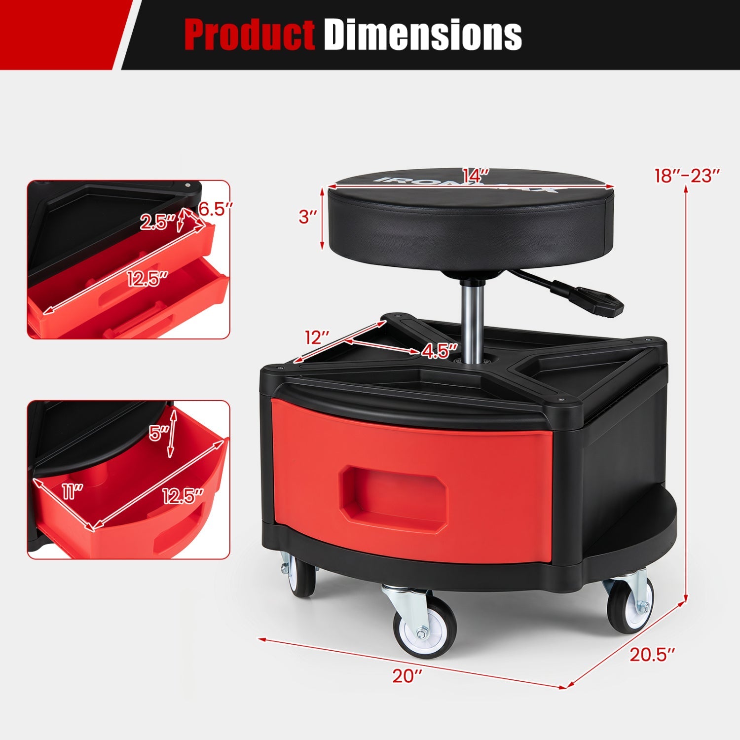 Rolling Mechanic Stool with Cushioned Seat & Tool Trays 330 LBS