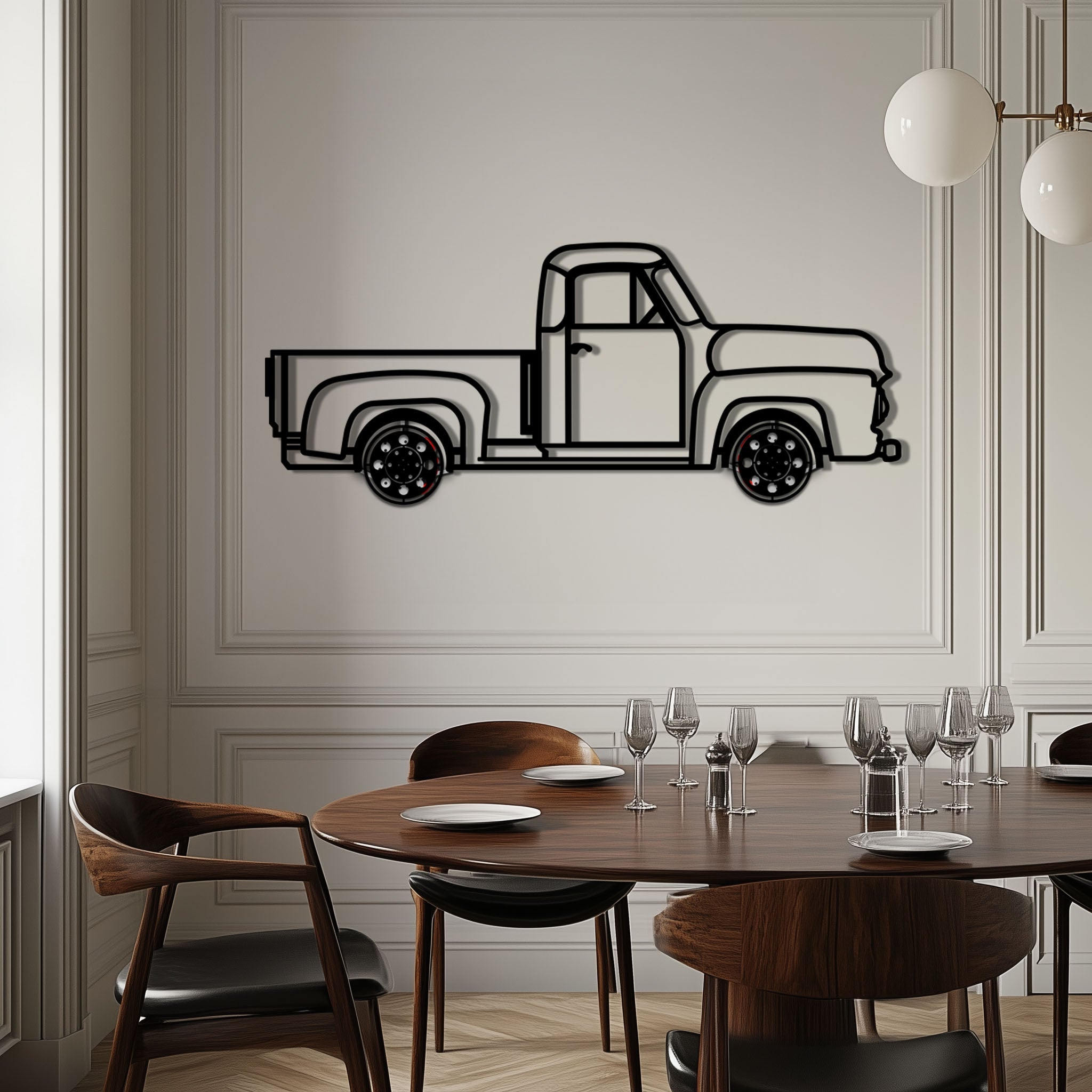 Classic Pickup Truck Metal Wall Art with Rotating Wheels - Vintage Chevy Style Silhouette - Interactive Retro Garage Decor - KAFMEKA119