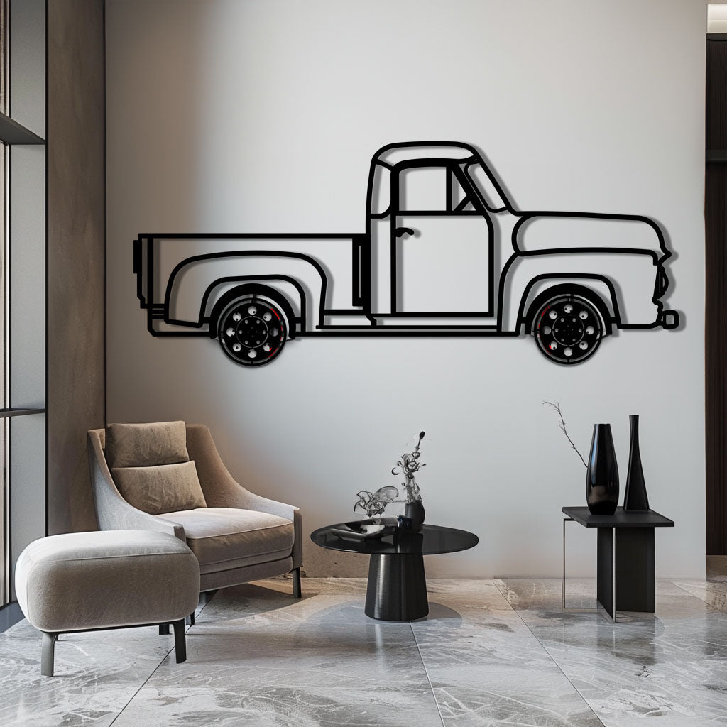 Classic Pickup Truck Metal Wall Art with Rotating Wheels - Vintage Chevy Style Silhouette - Interactive Retro Garage Decor - KAFMEKA119