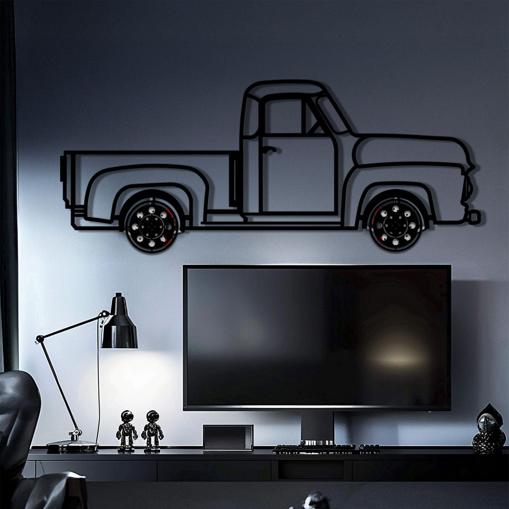 Classic Pickup Truck Metal Wall Art with Rotating Wheels - Vintage Chevy Style Silhouette - Interactive Retro Garage Decor - KAFMEKA119