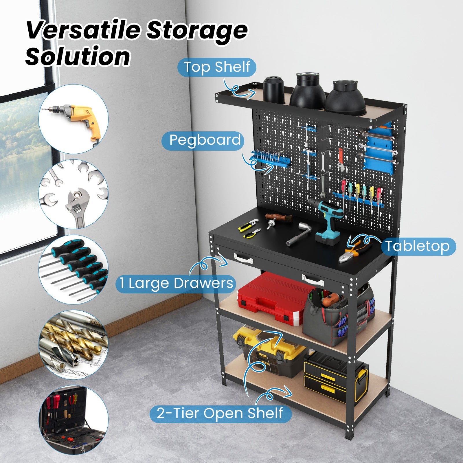 Tool Storage Workbench with Pegboard with 14 Hanging Accessories for Garage
